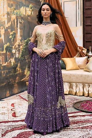 Purple Chikankari & Khadi Embroidered Lehenga Set by ITRH