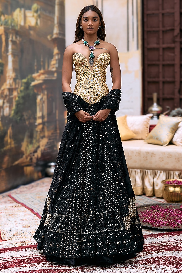 Black Chikankari & Khadi Embroidered Bridal Lehenga Set by ITRH at Pernia's Pop Up Shop