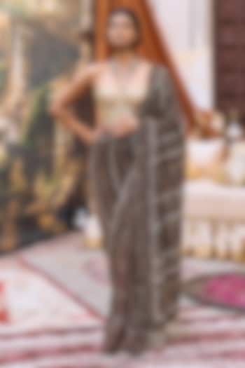 Brown Chikankari Embroidered Bridal Saree Set by ITRH at Pernia's Pop Up Shop