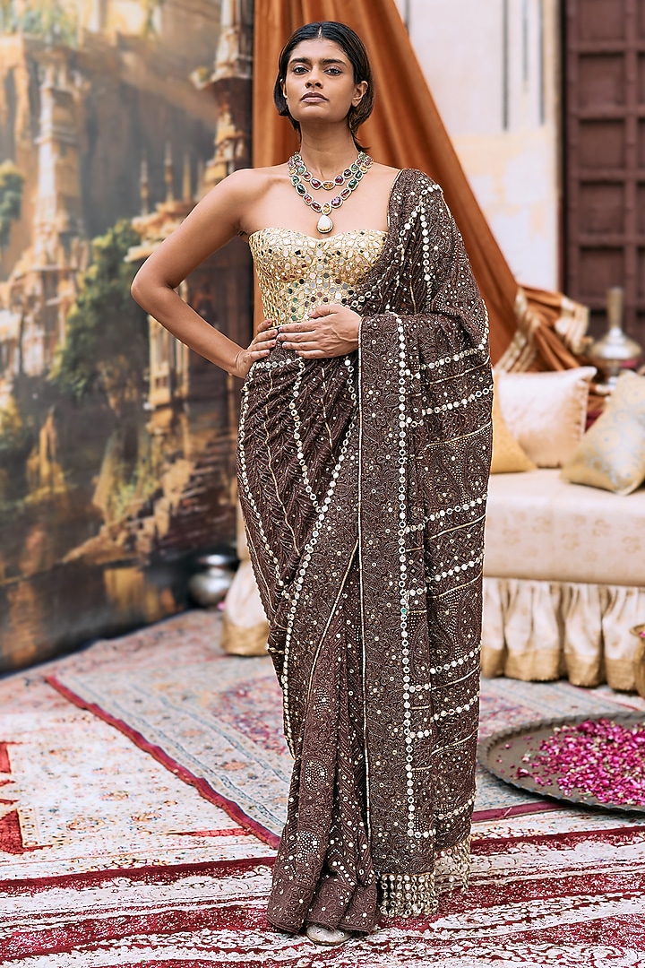 Brown Chikankari Embroidered Bridal Saree Set by ITRH at Pernia's Pop Up Shop