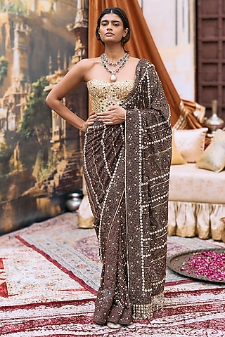 Brown Chikankari Embroidered Saree Set by ITRH
