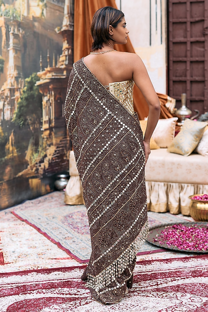Brown Chikankari Embroidered Bridal Saree Set by ITRH at Pernia's Pop Up Shop