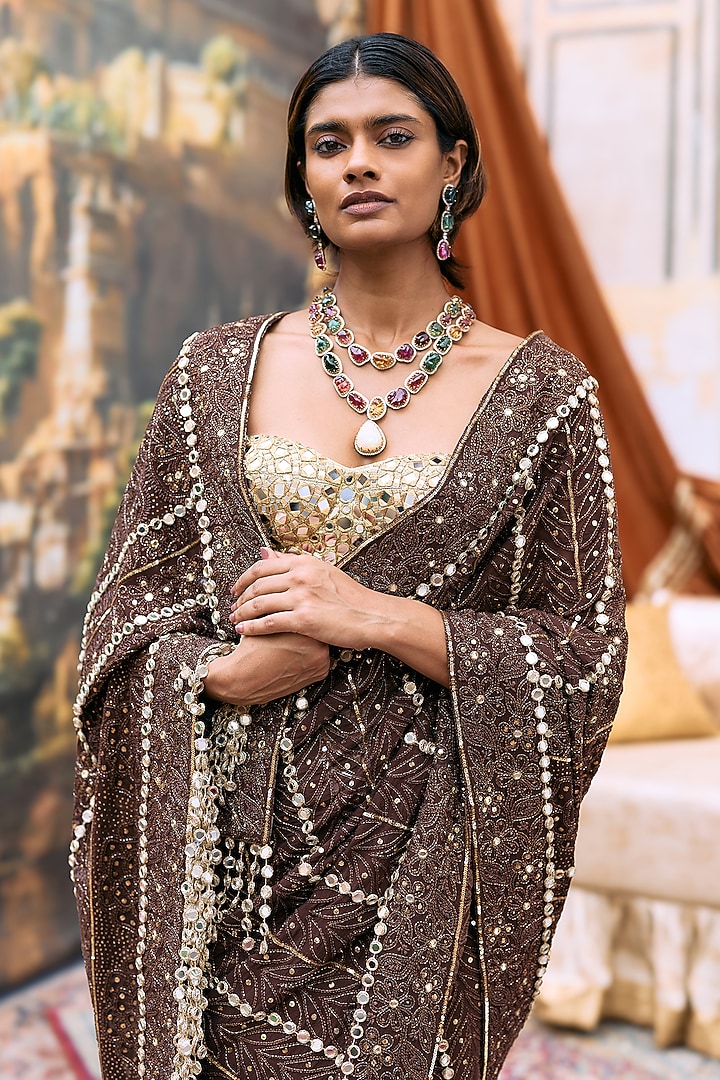 Brown Chikankari Embroidered Bridal Saree Set by ITRH at Pernia's Pop Up Shop