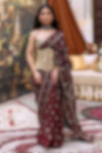 Maroon Chikankari Embroidered Bridal Saree Set by ITRH at Pernia's Pop Up Shop