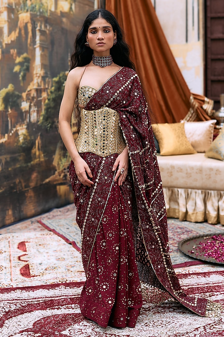 Maroon Chikankari Embroidered Bridal Saree Set by ITRH at Pernia's Pop Up Shop