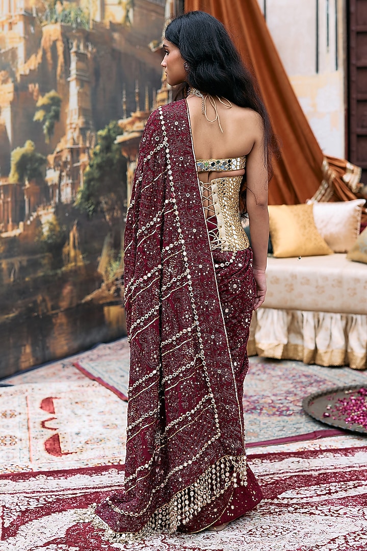 Maroon Chikankari Embroidered Bridal Saree Set by ITRH at Pernia's Pop Up Shop