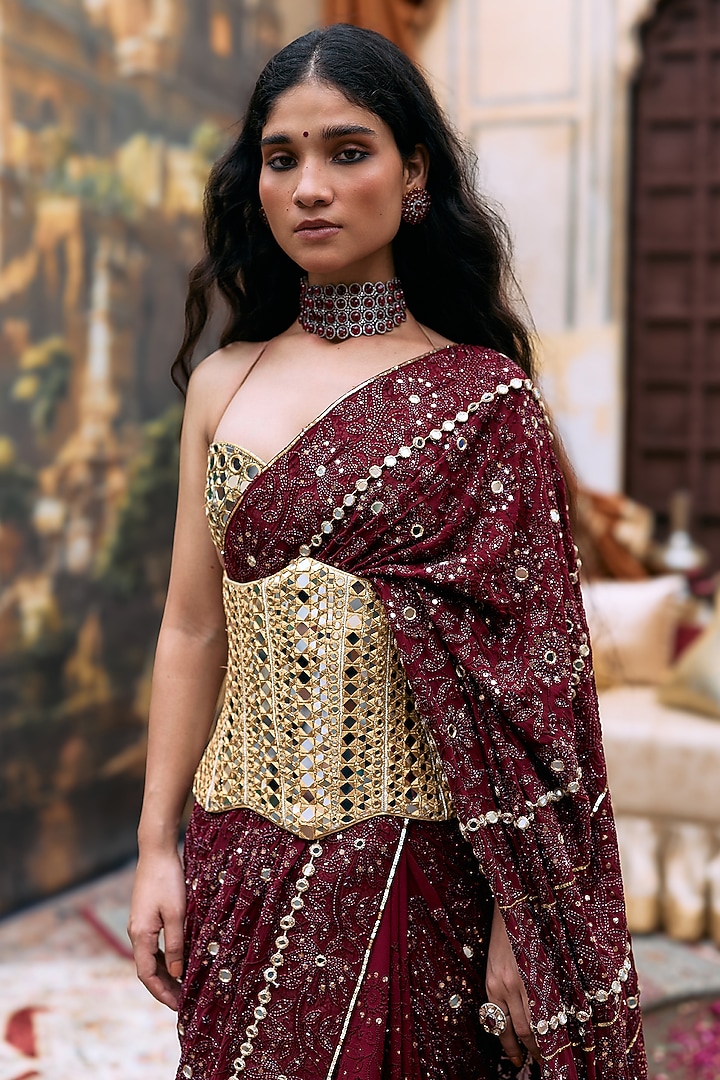 Maroon Chikankari Embroidered Bridal Saree Set by ITRH at Pernia's Pop Up Shop