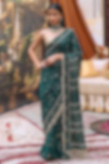 Green Chikankari Embroidered Bridal Saree Set by ITRH at Pernia's Pop Up Shop