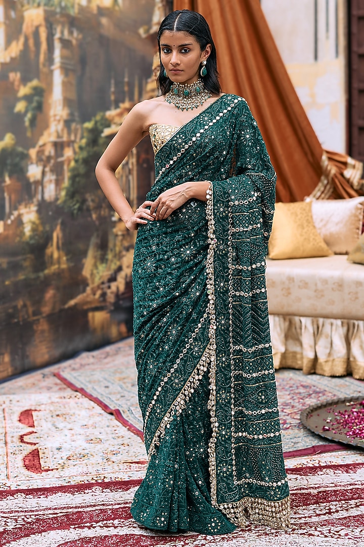 Green Chikankari Embroidered Bridal Saree Set by ITRH at Pernia's Pop Up Shop