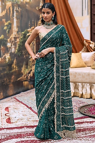 Green Chikankari Embroidered Saree Set by ITRH