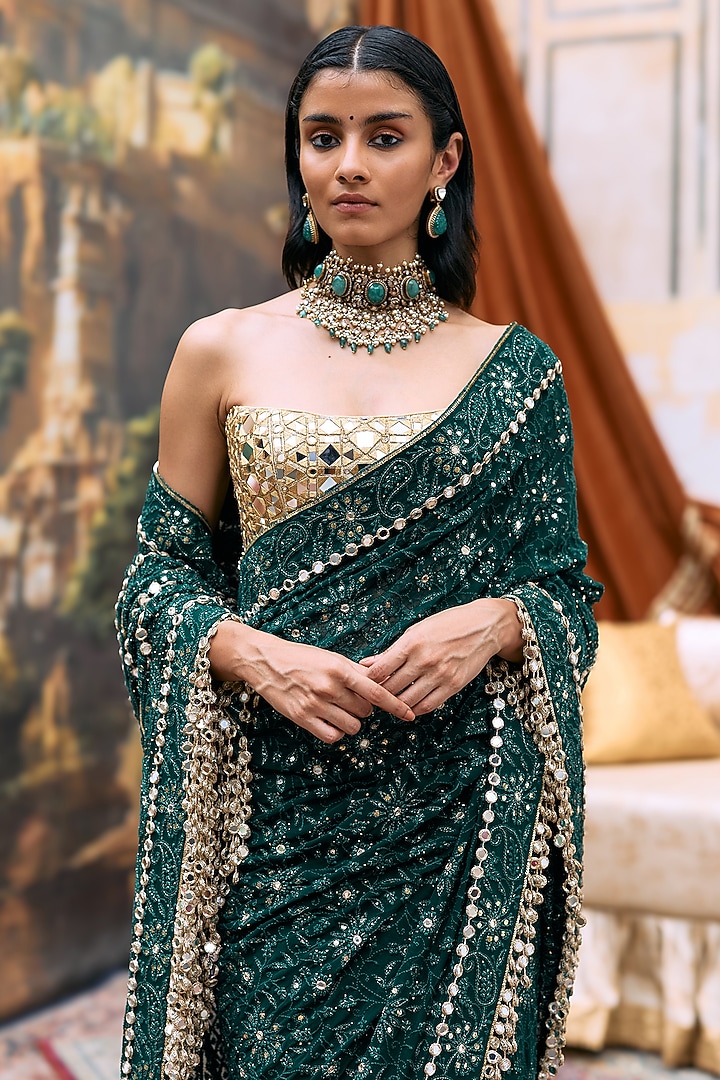 Green Chikankari Embroidered Bridal Saree Set by ITRH at Pernia's Pop Up Shop