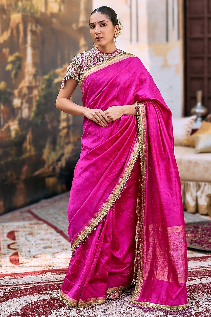Pink Tussar Embroidered Bridal Saree Set by ITRH at Pernia's Pop Up Shop