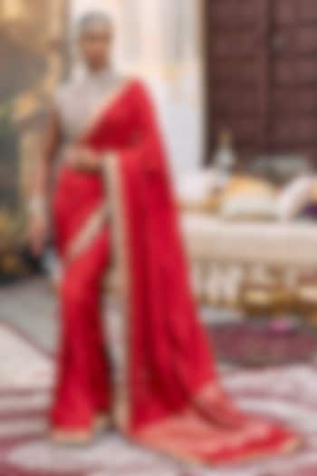 Red Tussar Embroidered Bridal Saree Set by ITRH at Pernia's Pop Up Shop