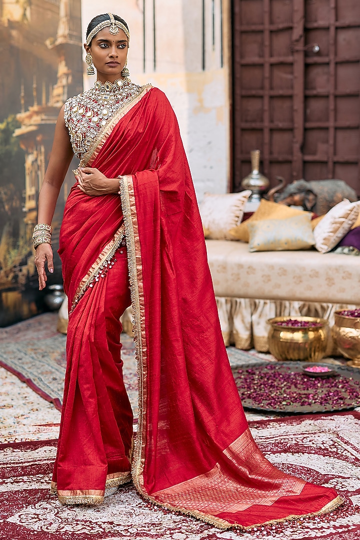 Red Tussar Embroidered Bridal Saree Set by ITRH at Pernia's Pop Up Shop