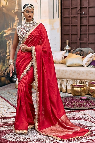 Red Tussar Embroidered Saree Set by ITRH