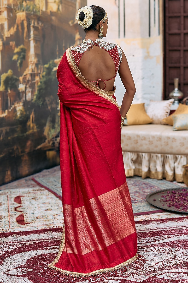 Red Tussar Embroidered Bridal Saree Set by ITRH at Pernia's Pop Up Shop