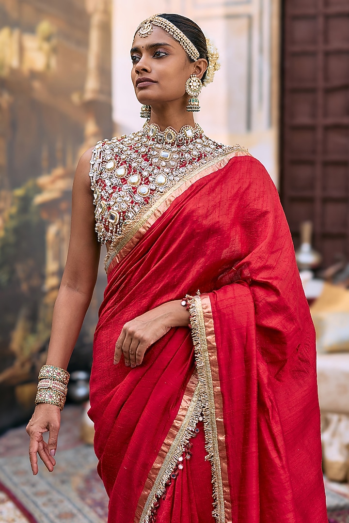 Red Tussar Embroidered Bridal Saree Set by ITRH at Pernia's Pop Up Shop