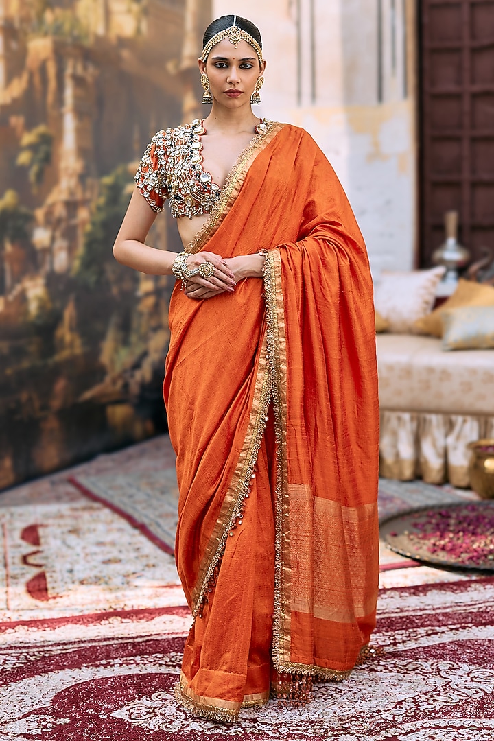 Orange Tussar Embroidered Bridal Saree Set by ITRH at Pernia's Pop Up Shop
