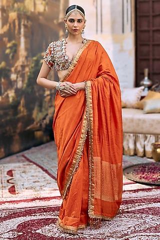 Orange Tussar Embroidered Saree Set by ITRH