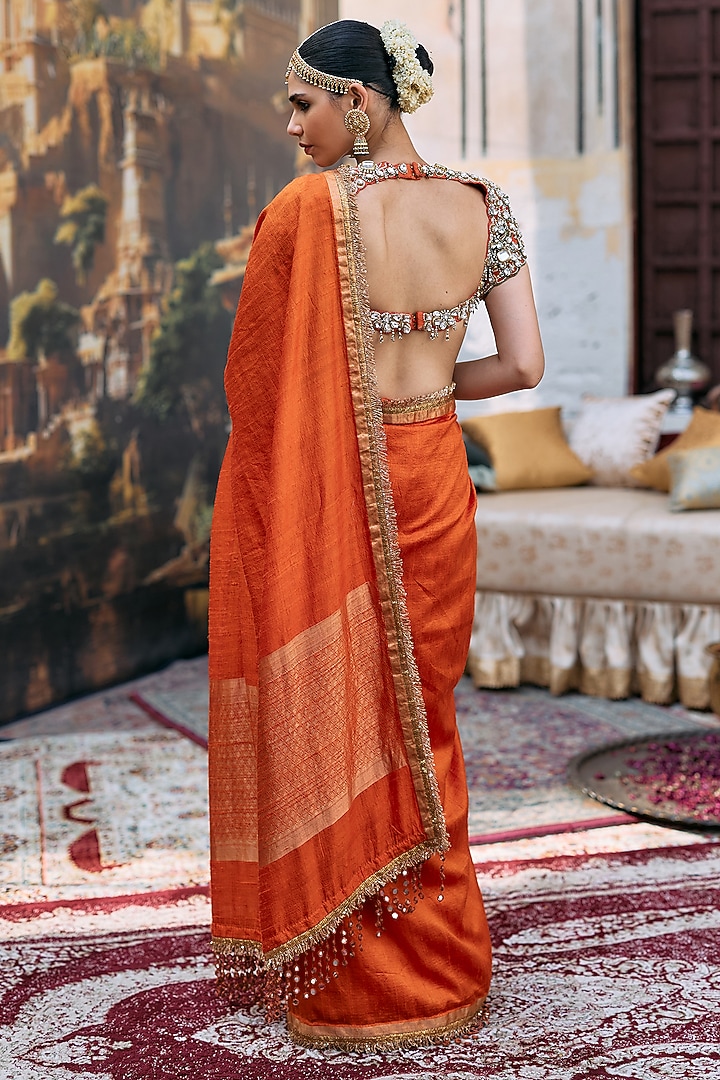 Orange Tussar Embroidered Bridal Saree Set by ITRH at Pernia's Pop Up Shop