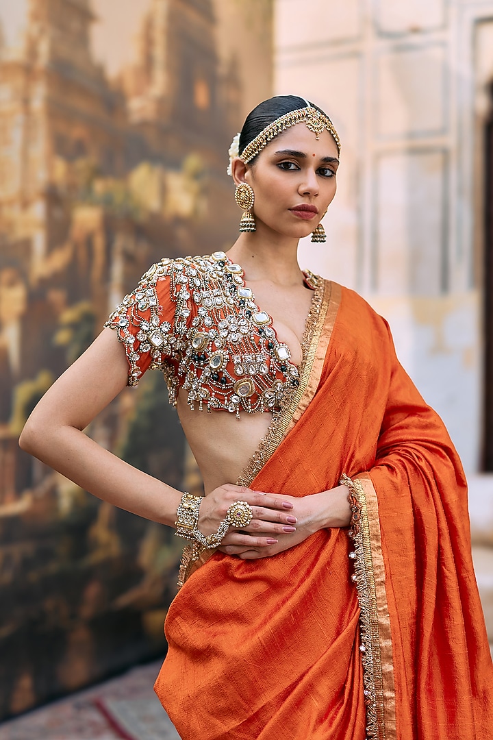 Orange Tussar Embroidered Bridal Saree Set by ITRH at Pernia's Pop Up Shop