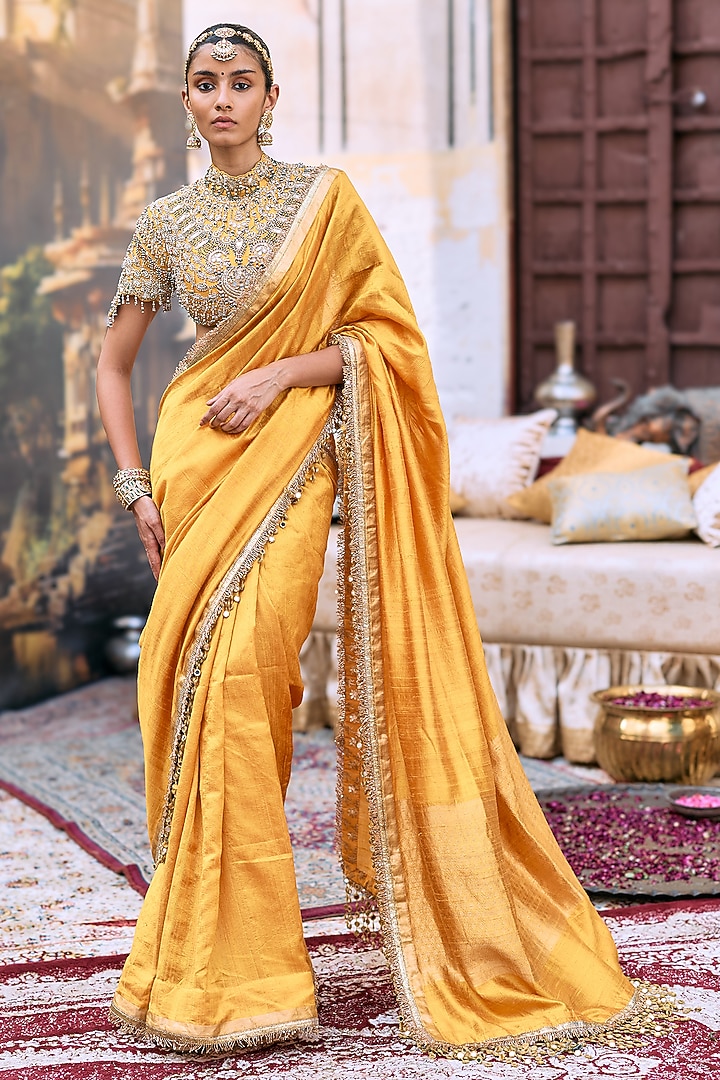 Yellow Tussar Embroidered Bridal Saree Set by ITRH at Pernia's Pop Up Shop