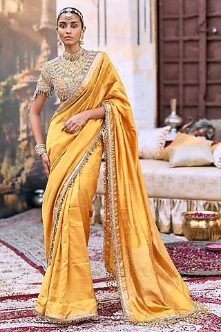 Yellow Tussar Embroidered Saree Set by ITRH
