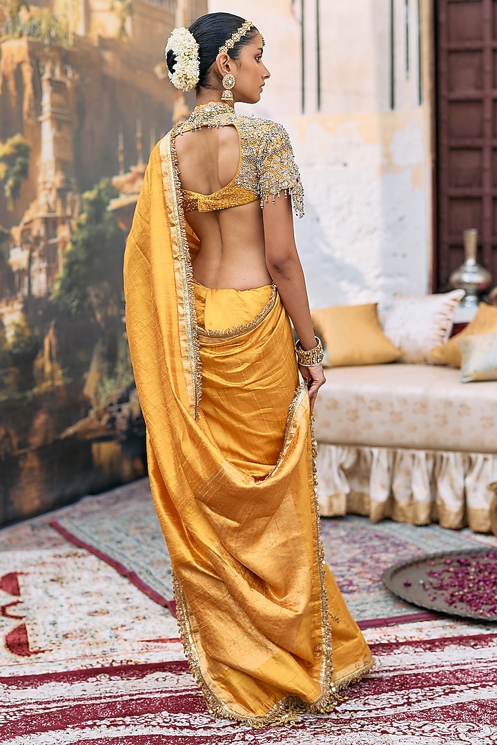 Yellow Tussar Embroidered Bridal Saree Set by ITRH at Pernia's Pop Up Shop