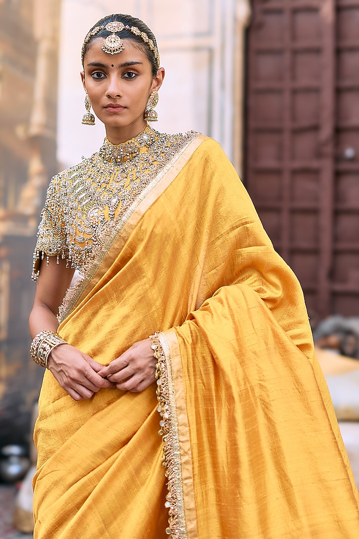 Yellow Tussar Embroidered Bridal Saree Set by ITRH at Pernia's Pop Up Shop