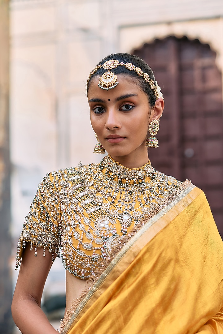Yellow Tussar Embroidered Bridal Saree Set by ITRH at Pernia's Pop Up Shop