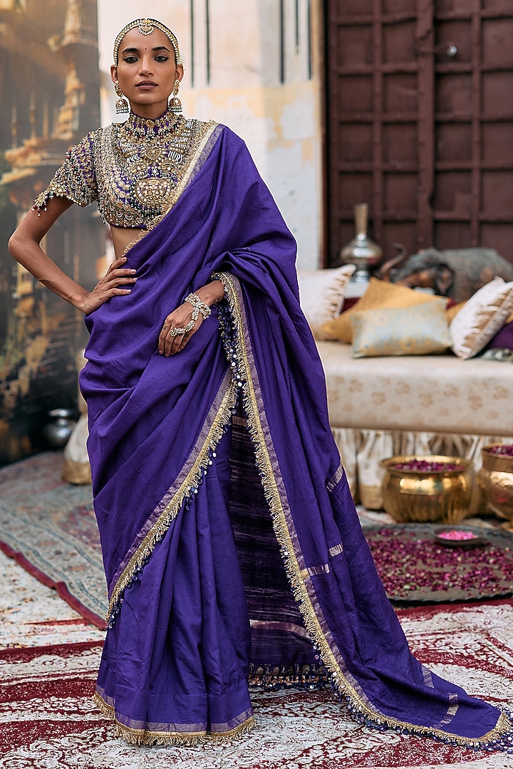 Purple Tussar Embroidered Bridal Saree Set by ITRH at Pernia's Pop Up Shop