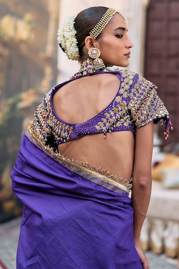 Purple Tussar Embroidered Bridal Saree Set by ITRH at Pernia's Pop Up Shop
