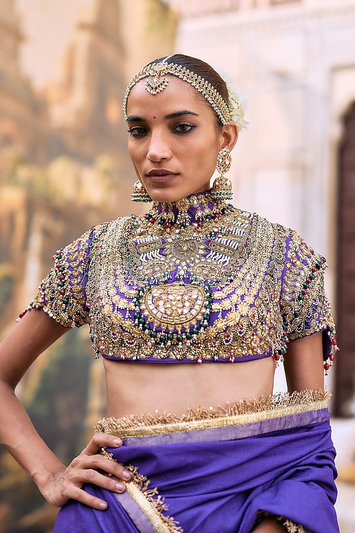 Purple Tussar Embroidered Bridal Saree Set by ITRH at Pernia's Pop Up Shop