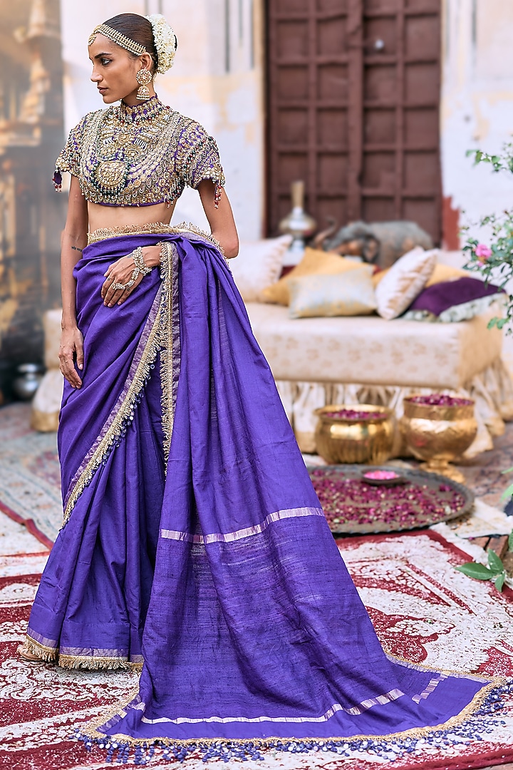 Purple Tussar Embroidered Bridal Saree Set by ITRH at Pernia's Pop Up Shop
