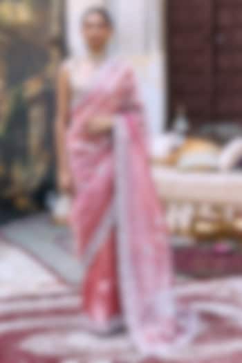 Pink Tussar Embroidered Bridal Saree Set by ITRH at Pernia's Pop Up Shop