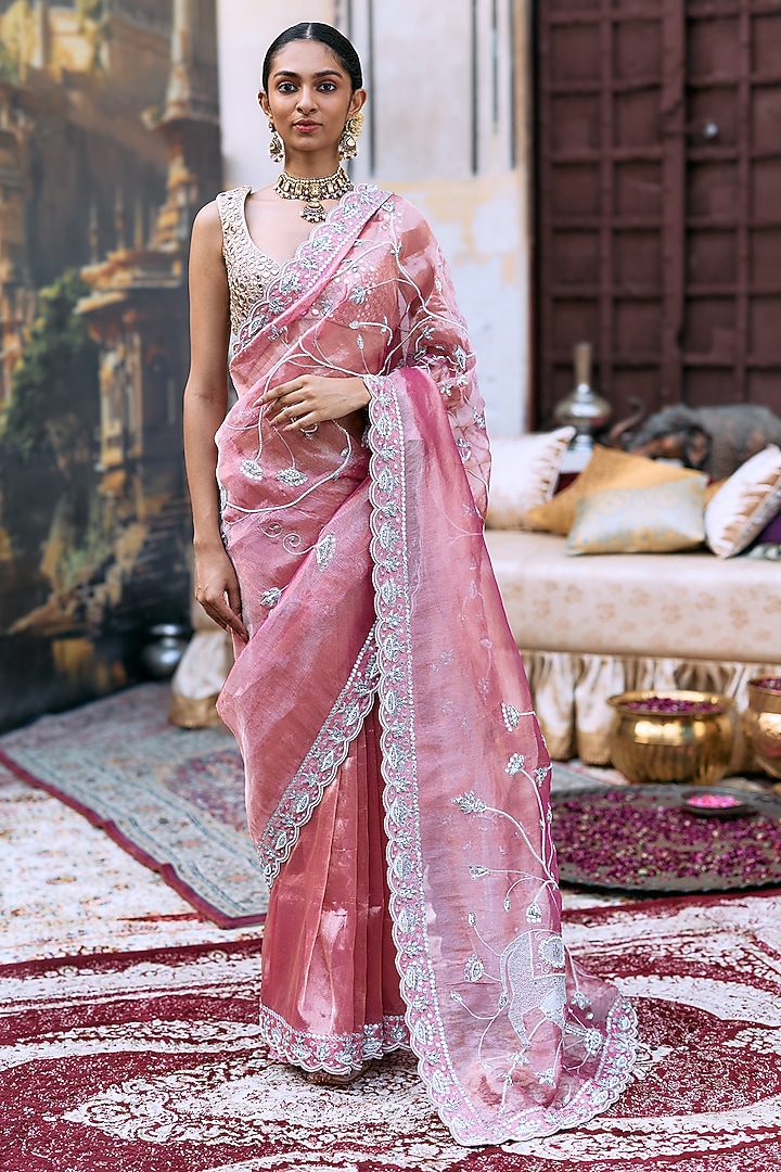 Pink Tussar Embroidered Bridal Saree Set by ITRH at Pernia's Pop Up Shop