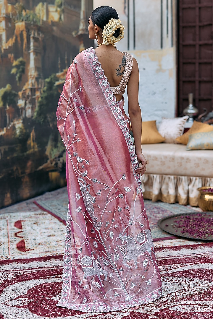 Pink Tussar Embroidered Bridal Saree Set by ITRH at Pernia's Pop Up Shop