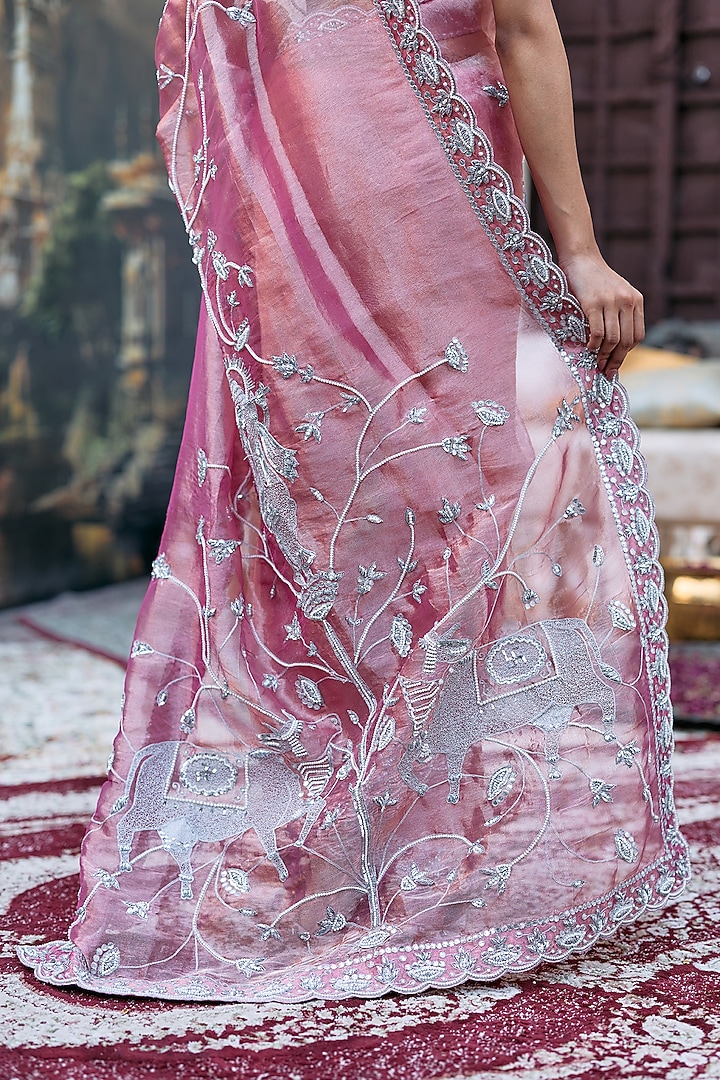 Pink Tussar Embroidered Bridal Saree Set by ITRH at Pernia's Pop Up Shop