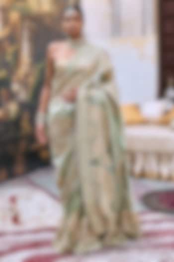 Green Tussar Embroidered Bridal Saree Set by ITRH at Pernia's Pop Up Shop