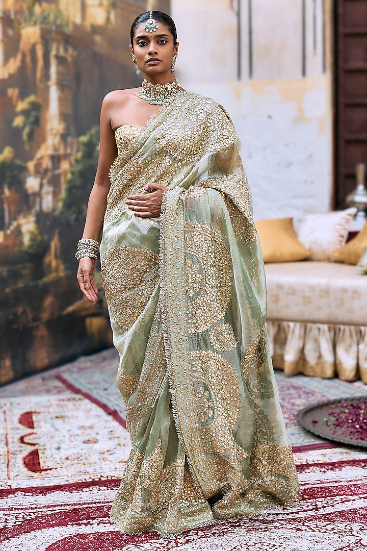 Green Tussar Embroidered Bridal Saree Set by ITRH at Pernia's Pop Up Shop