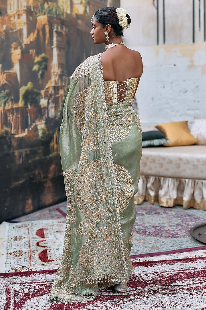 Green Tussar Embroidered Bridal Saree Set by ITRH at Pernia's Pop Up Shop