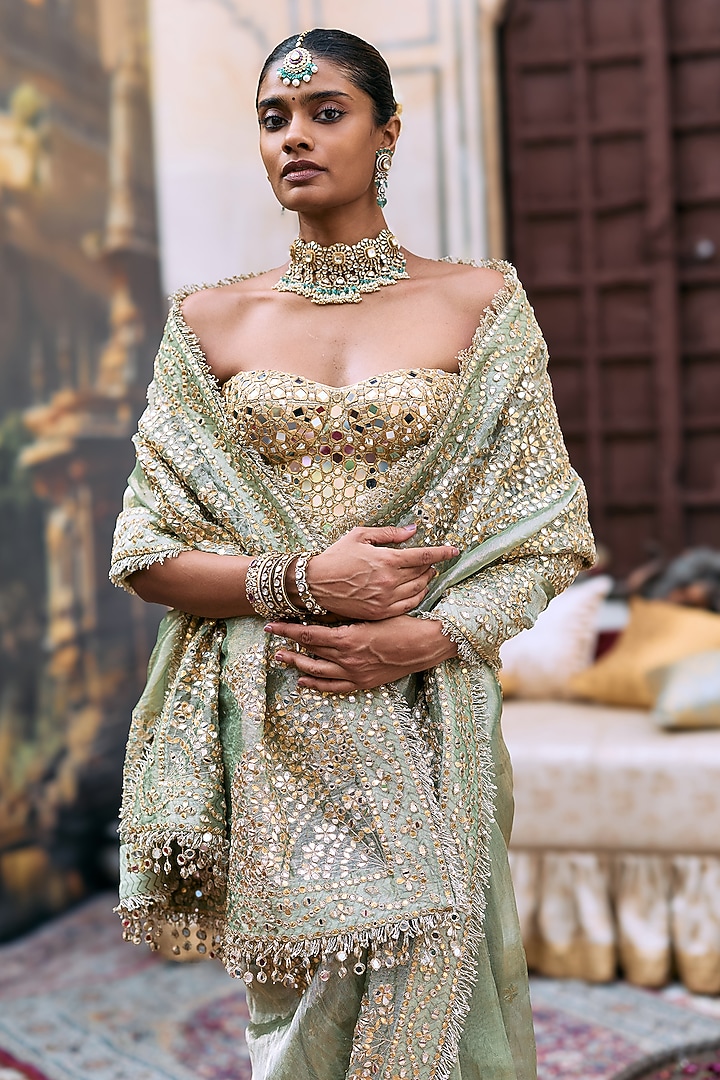 Green Tussar Embroidered Bridal Saree Set by ITRH at Pernia's Pop Up Shop