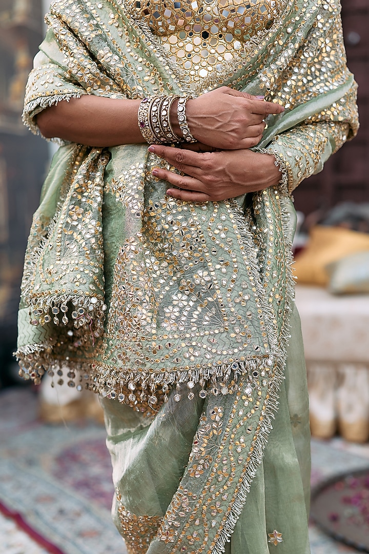 Green Tussar Embroidered Bridal Saree Set by ITRH at Pernia's Pop Up Shop