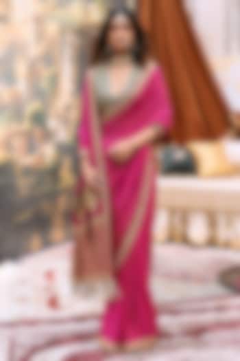 Pink & Turquoise Raw Silk Embroidered Bridal Saree Set by ITRH at Pernia's Pop Up Shop