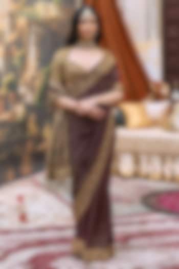 Burgundy & Gold Raw Silk Embroidered Bridal Saree Set by ITRH at Pernia's Pop Up Shop