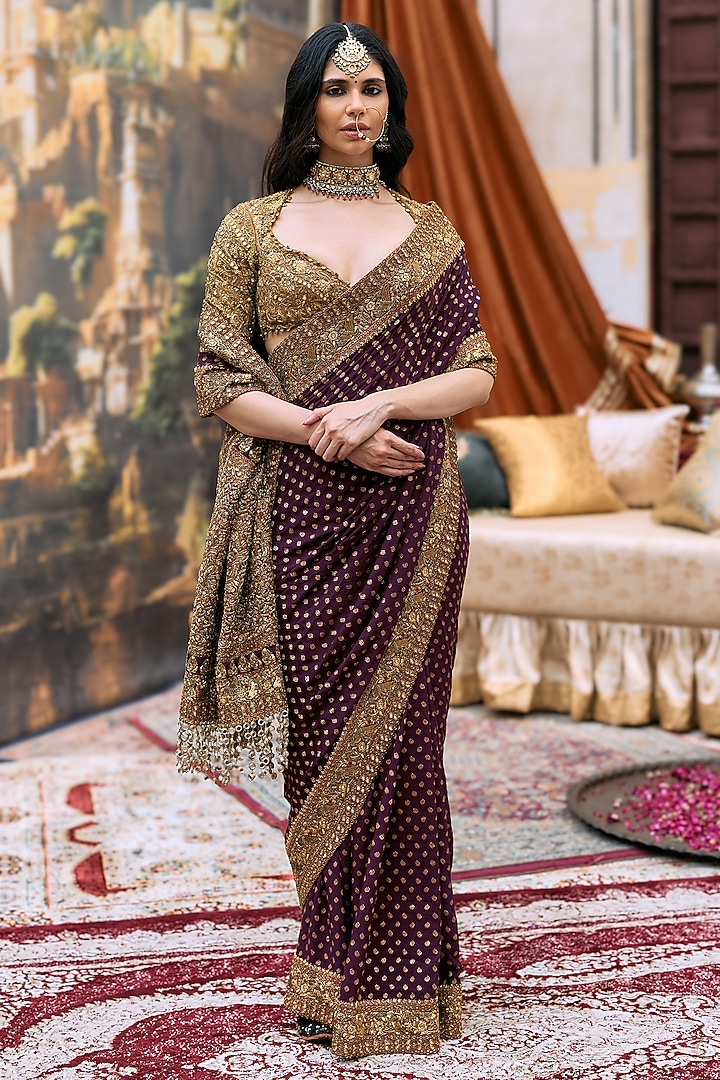 Burgundy & Gold Raw Silk Embroidered Bridal Saree Set by ITRH at Pernia's Pop Up Shop
