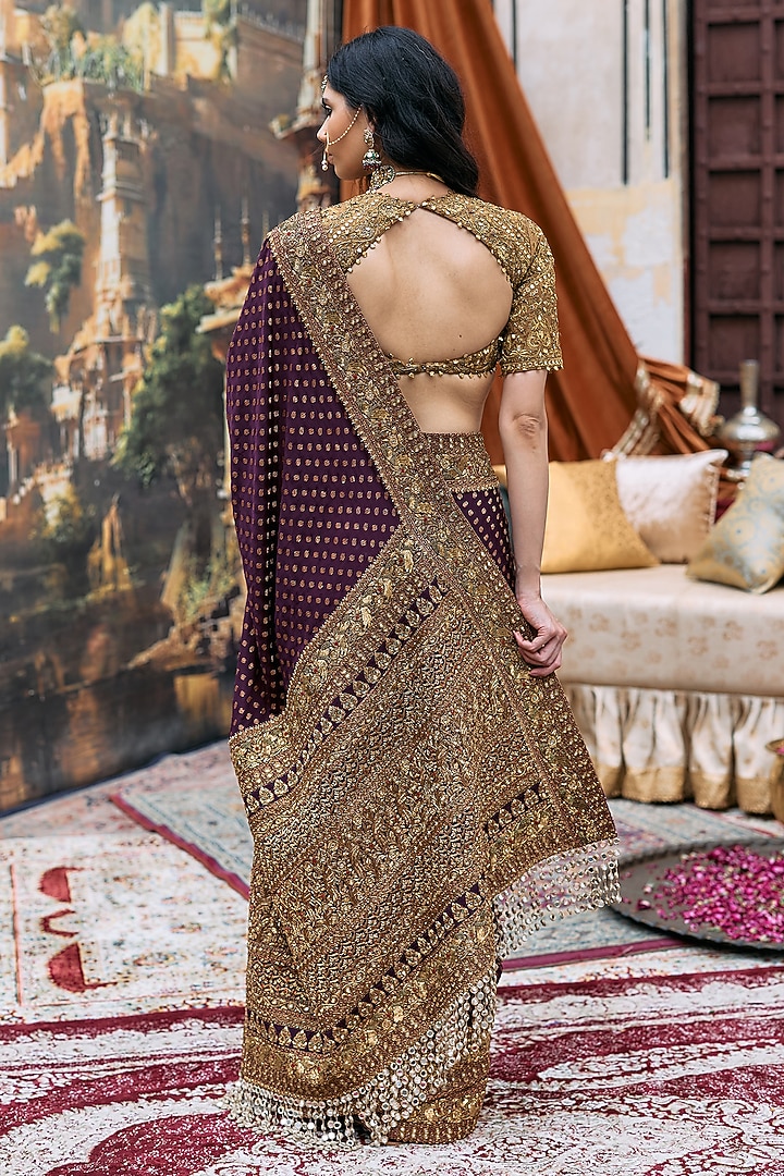 Burgundy & Gold Raw Silk Embroidered Bridal Saree Set by ITRH at Pernia's Pop Up Shop