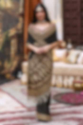 Black & Gold Raw Silk Embroidered Bridal Saree Set by ITRH at Pernia's Pop Up Shop
