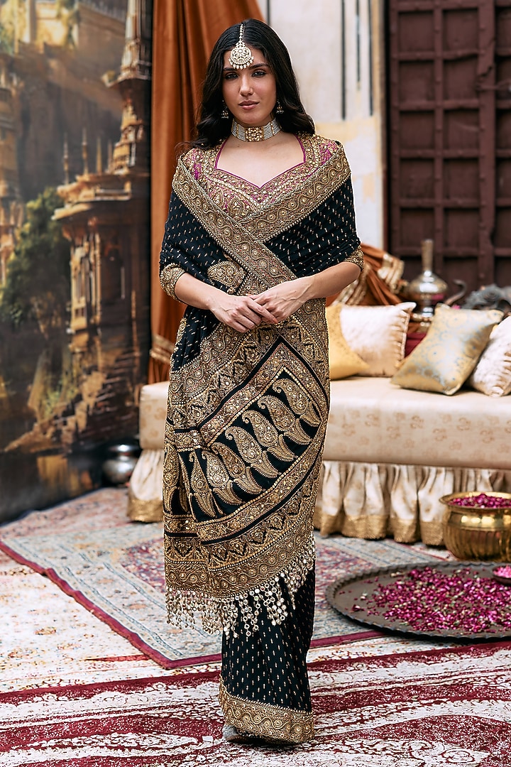 Black & Gold Raw Silk Embroidered Bridal Saree Set by ITRH at Pernia's Pop Up Shop