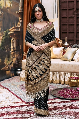 Black & Gold Raw Silk Embroidered Saree Set by ITRH